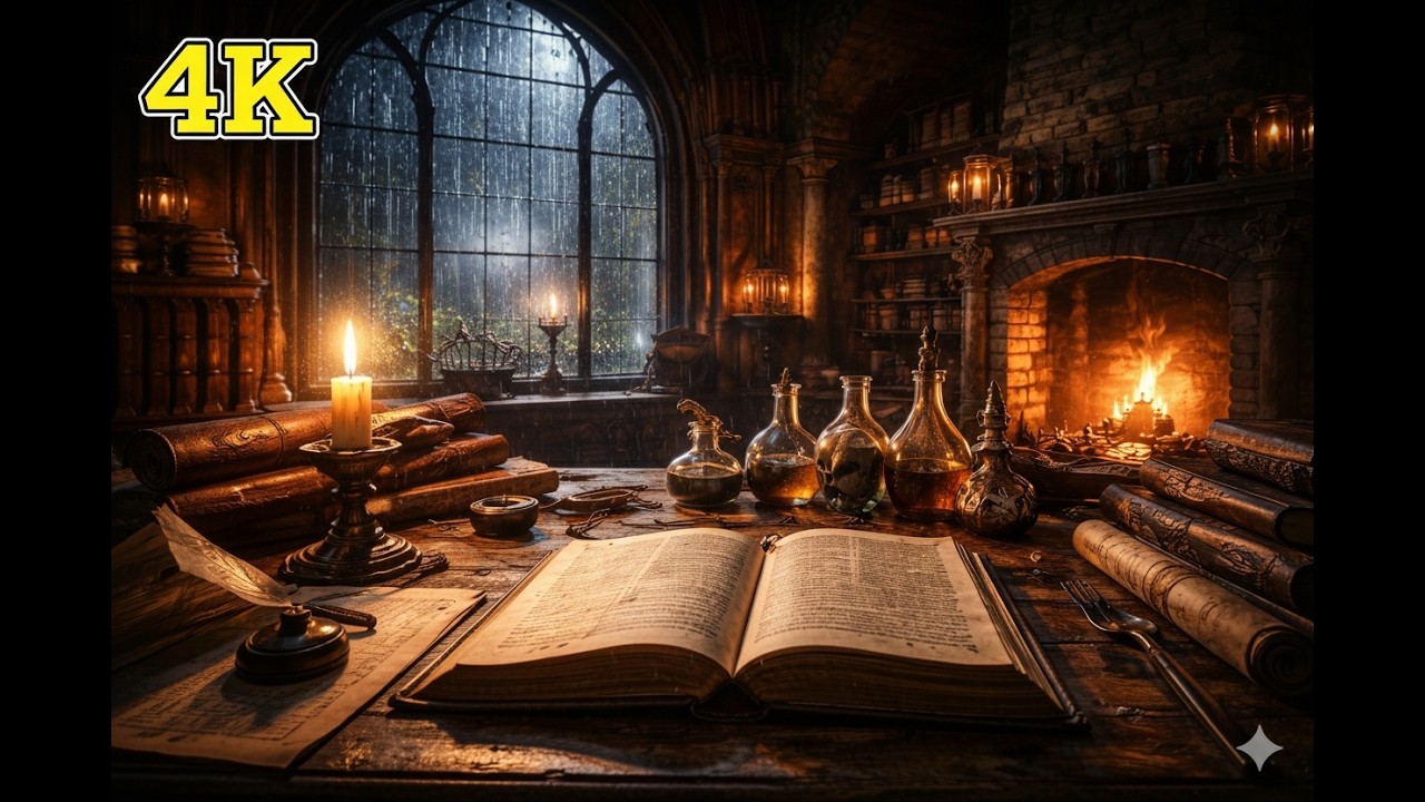 Study in a Stormy Alchemist's Library | Rain on Window & Fireplace Sounds (Dark Academia)