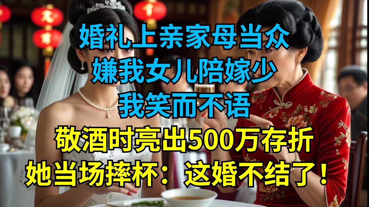 婚礼上亲家母当众嫌我女儿陪嫁少，我笑而不语，敬酒时亮出500万存折，她当场摔杯：这婚不结了！