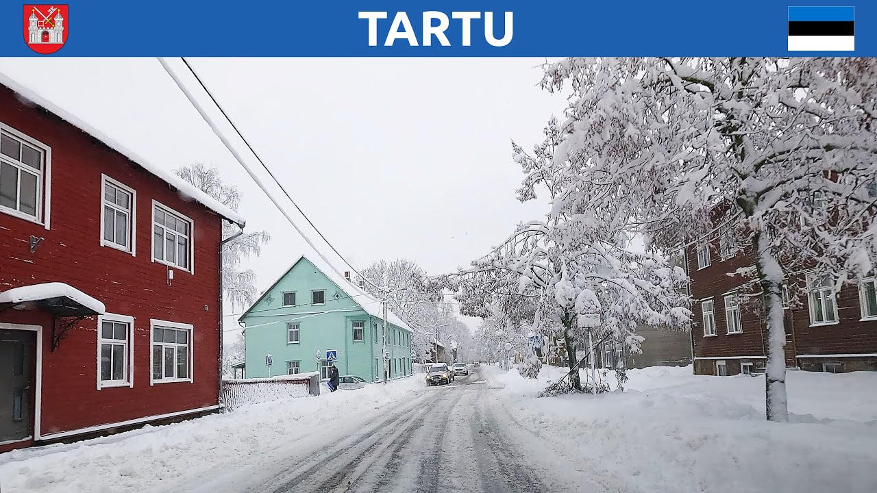 Tartu, Estonia. Winter drive in snowfall. 4K