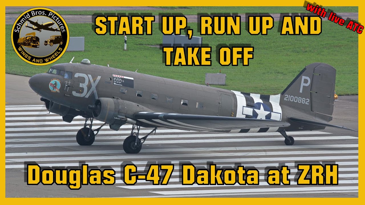 BEAUTIFUL SOUND!!! Douglas C-47 Dakota start up, run up, taxiing and take off at ZRH (with live ATC)