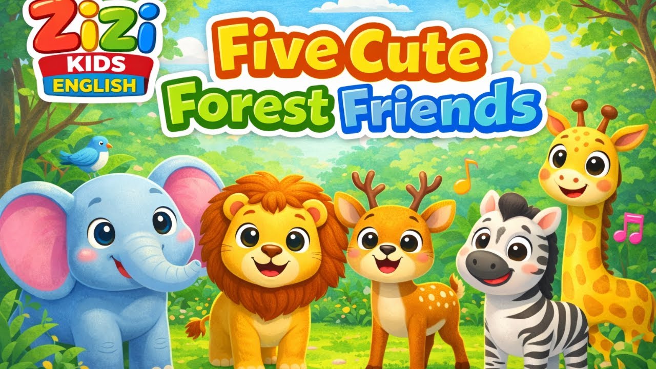 Five Cute Forest Friends 🐘🦁🦒 | Animal Nursery Rhyme for Kids | Zizi Kids English