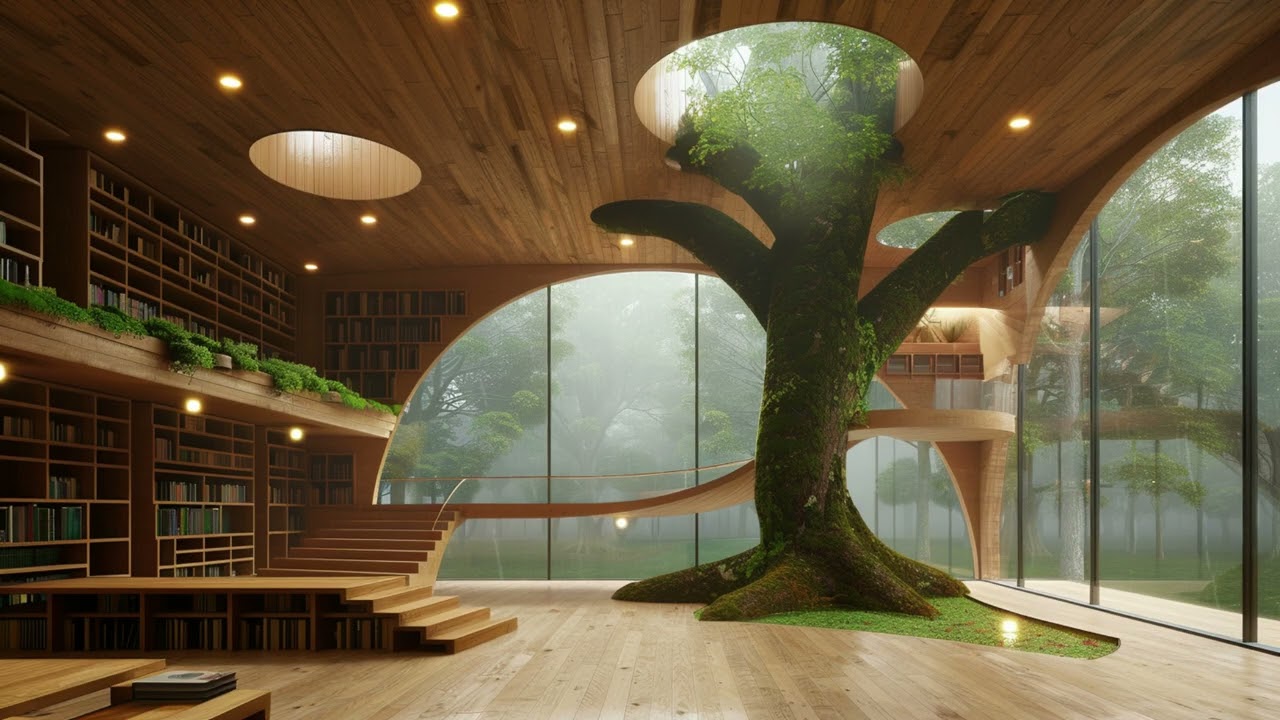 Rainfall Sanctuary | A Silent Library Where Light, Wood, and Trees Flow Together