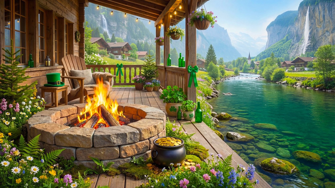 Relaxing St. Patrick’s Day Cabin Porch Ambience 🍀🔥 Gentle Fire Pit, River Sounds & Nature Relaxation