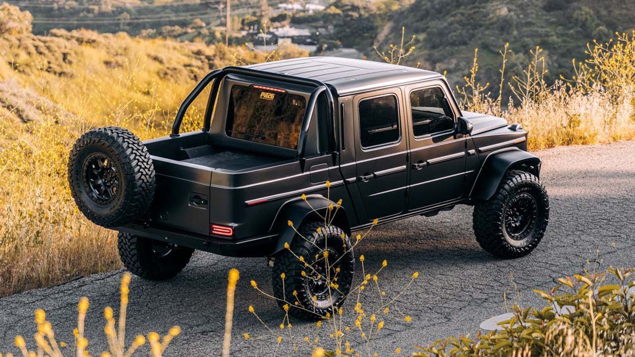 1 of 1 Mercedes G63 Pick Up Monster Truck, Ferrari F8, Yellow on White SVJ.