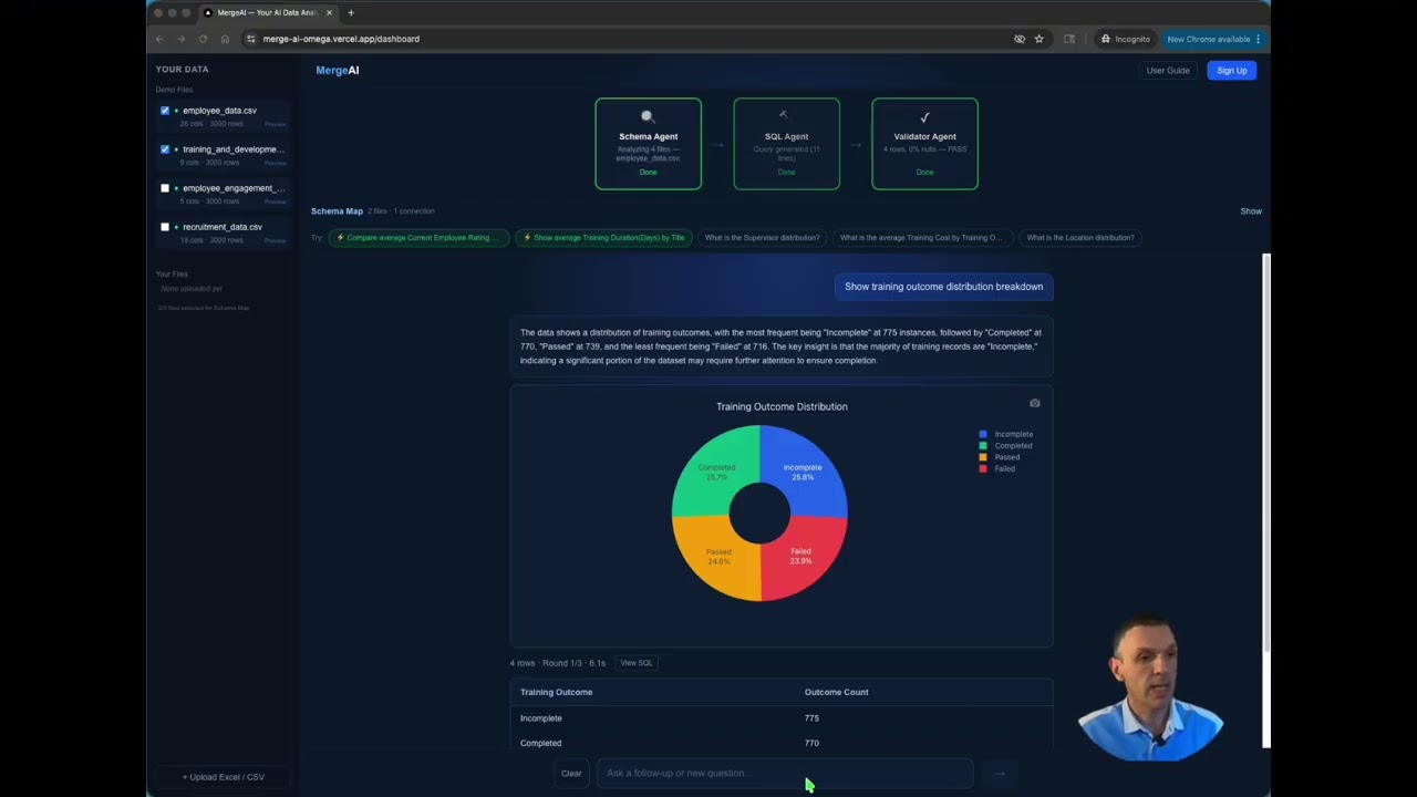 MergeAI 2.0 — Upload Spreadsheets, Ask in Plain English, Watch AI Think