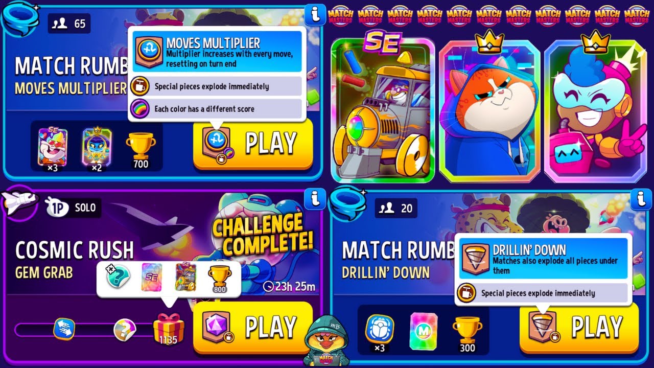 Gem Grab Solo Cosmic Rush/ 65 players Rumble Moves Multiplier/ 20 players Rumble Drillin' Down