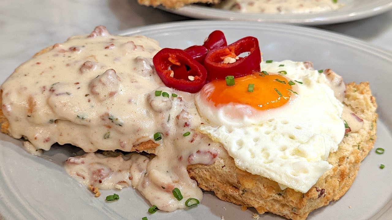 How to Make Biscuits and Gravy Topped with a Fried Egg and Pickled Chiles