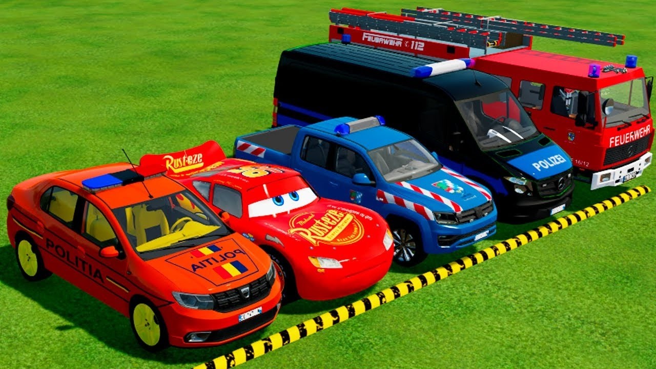 TRANSPORTING PIXAR CARS & FRUITS WITH COLORED & JOHN DEERE vs CLAAS vs TRACTORS - BeamNG.drive #983