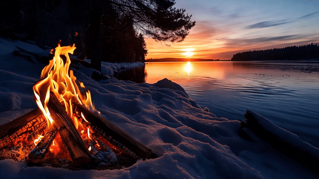 Quiet Evening in the Snowy Mountains 🔥 Gentle River & Campfire Sounds in 4K
