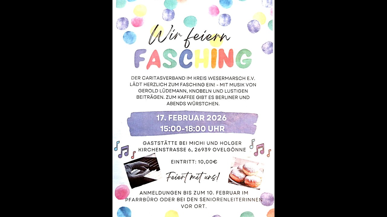 Wir feiern Fasching am 17.Februar 2025 15.00 Uhr bei Michi und Holger in Ovelgönne.