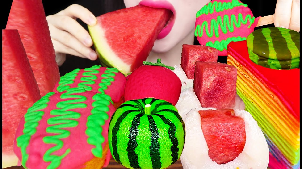 ASMR Watermelon Mochi Cake Pop 수박 모찌 케이크팝 먹방 Mukbang, Eating