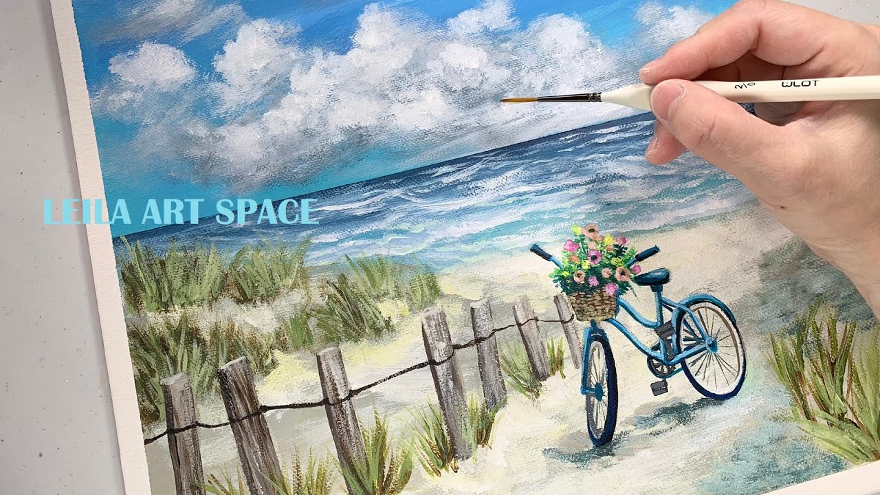 Bicycle with flower basket painting, Easy beach painting for beginners