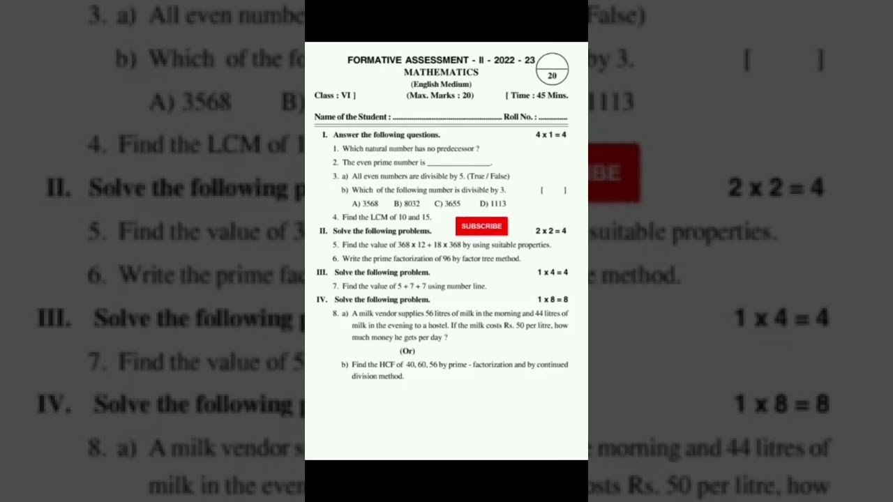 6th class Math's Formative Assessment 2(2022-23)|pakka real pear💯💢💯