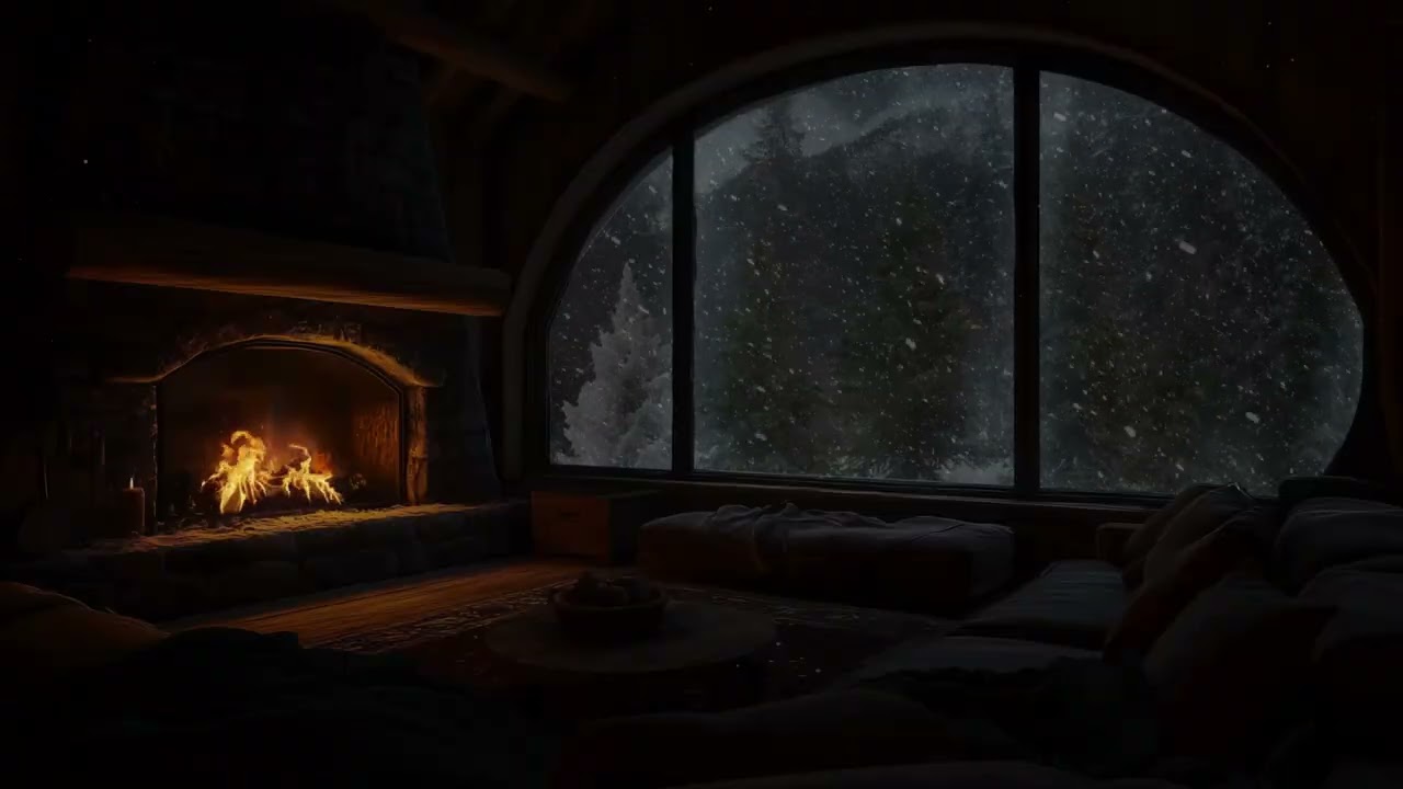 Soft Snow Falling at Night Warm Fireplace Sounds for Deep Relaxation Sleep and Cozy Comfort