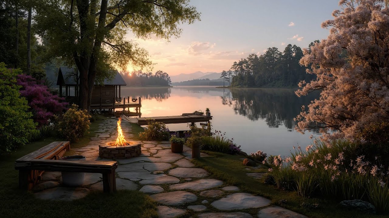 Sunrise at the Lake House | Soft Nature Sounds & Crackling Fire for Focus