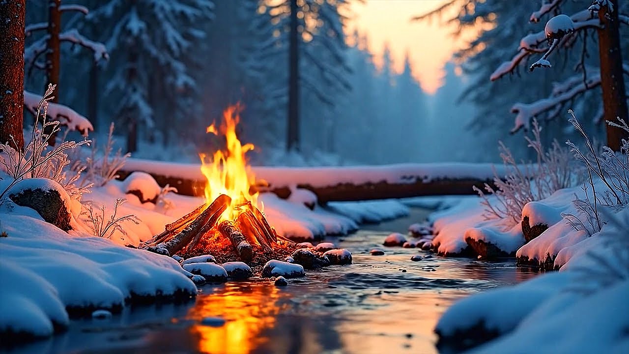 Зимний костер у ручья 🔥Успокаивающие звуки природы