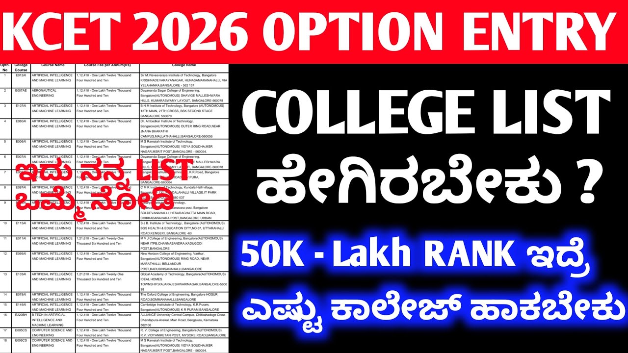 OPTION ENTRY KCET 2026 | HOW TO MAKE COLLEGE LIST 2026 | KCET OPTION ENTRY & COUNSELLING PROCESS