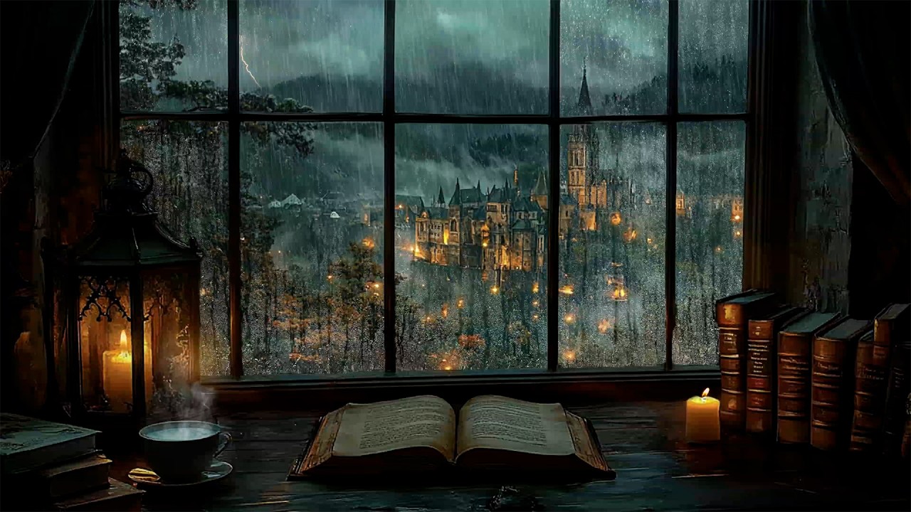 Quiet Stormy Evening Writing by the Window | Gazing at the Rain-Soaked Castle Lights | Dark Academia