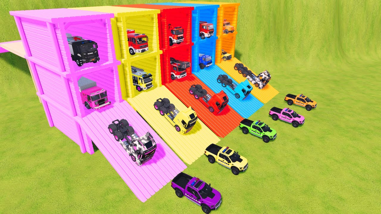 ALL RESCUE AND EMERGENCY VEHICLES, EXCAVATOR, POLICE CARS, DUMP TRUCK TRANSPORT TO GARAGE