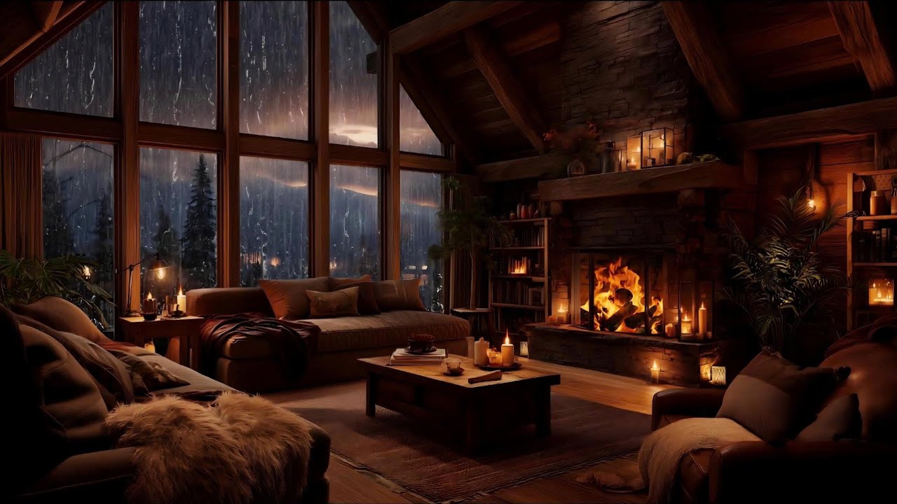 Cozy Cabin Fireplace • Heavy Rain on Windows & Far Thunder | Calm Storm Night