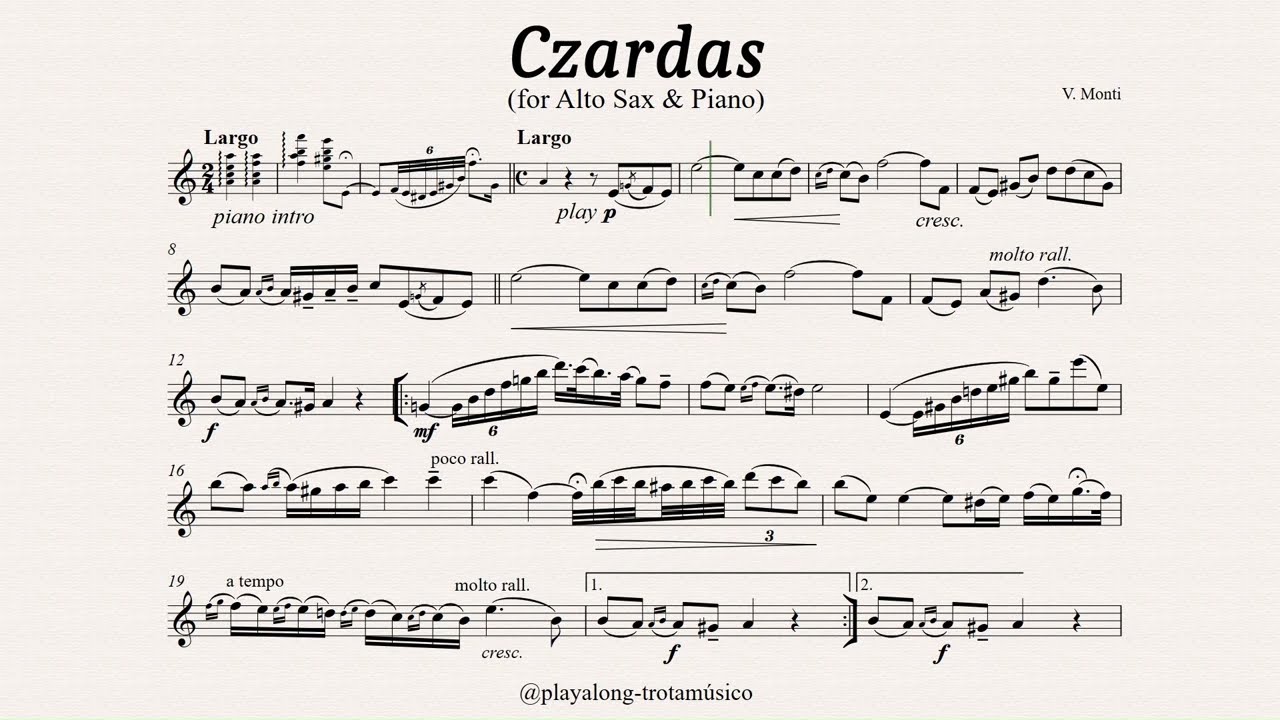 Alto Sax Playalong - Czardas (Monti) Eb Alto Sax sheet music with Piano accompaniment Slower Version
