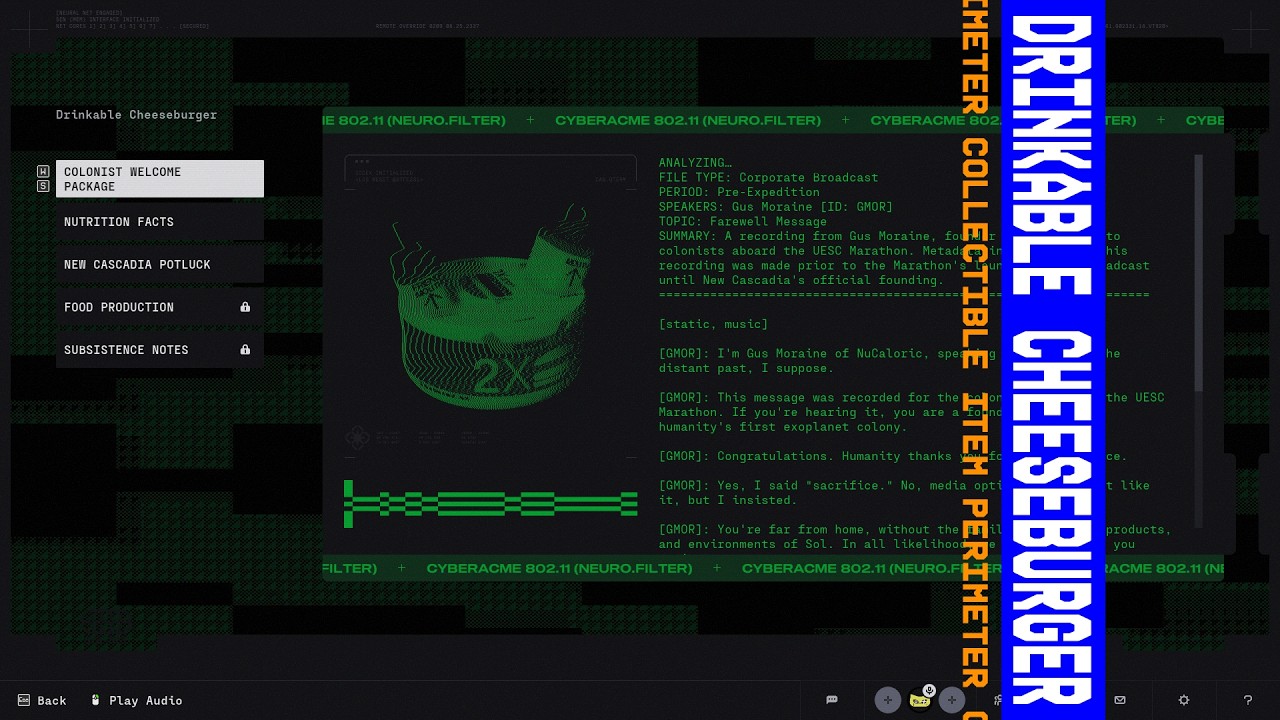 Marathon | Drinkable Cheeseburger | Audio Log 1