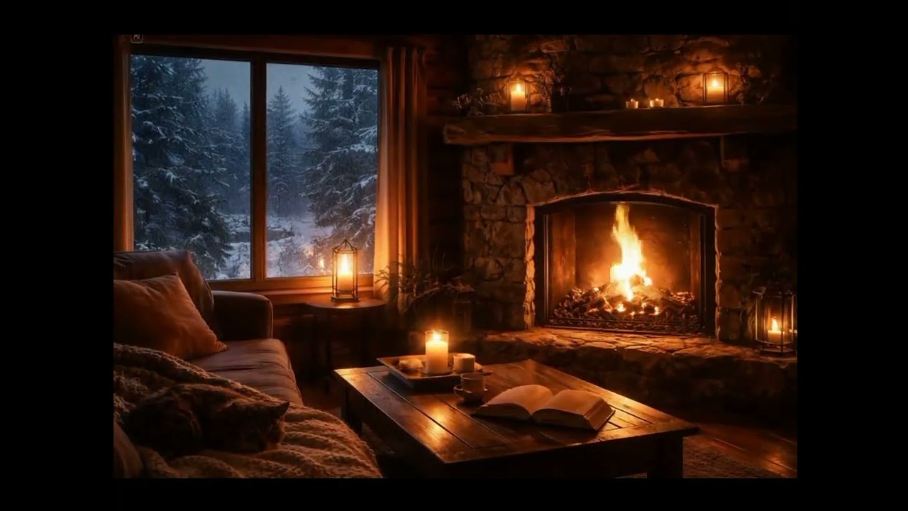 Snowy Night in a Wooden Cabin  | Deep Sleep & Relaxing Fireplace Sounds