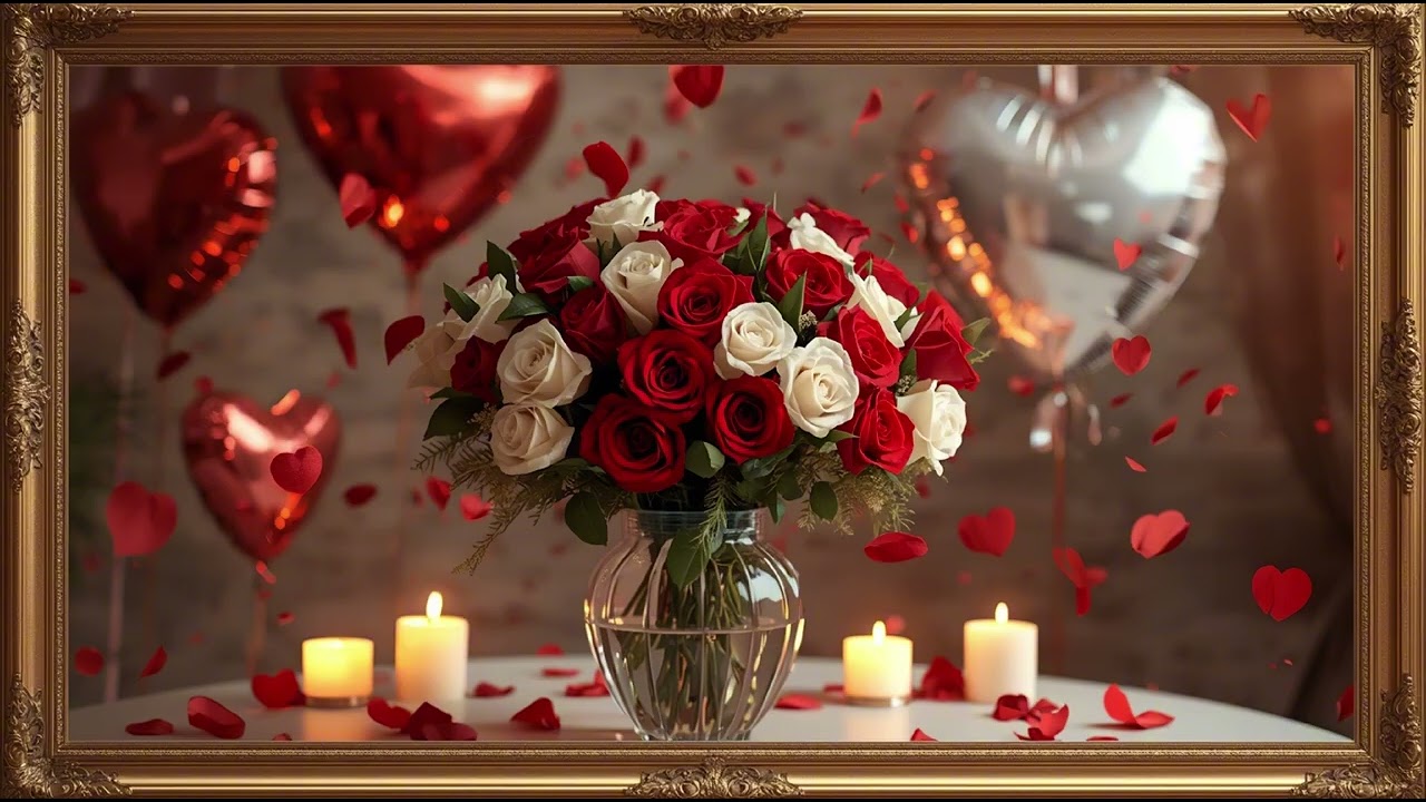 Vintage Roses Hearts Balloons Tv Art Screensaver | Romantic Valentine's Screensaver | 4K Background