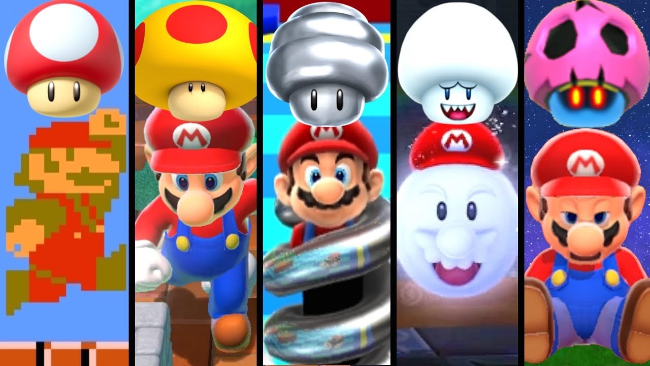 Evolution of Mushroom Power-Ups in Super Mario (1985-2019)