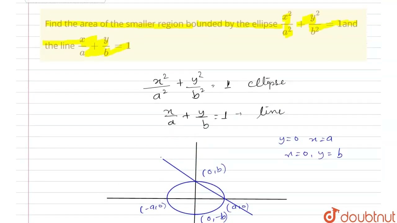 Find the area of thesmaller region bounded by the ellipse (x^2)/(a^2)+(y^2)/(b^2)=1and the line ...