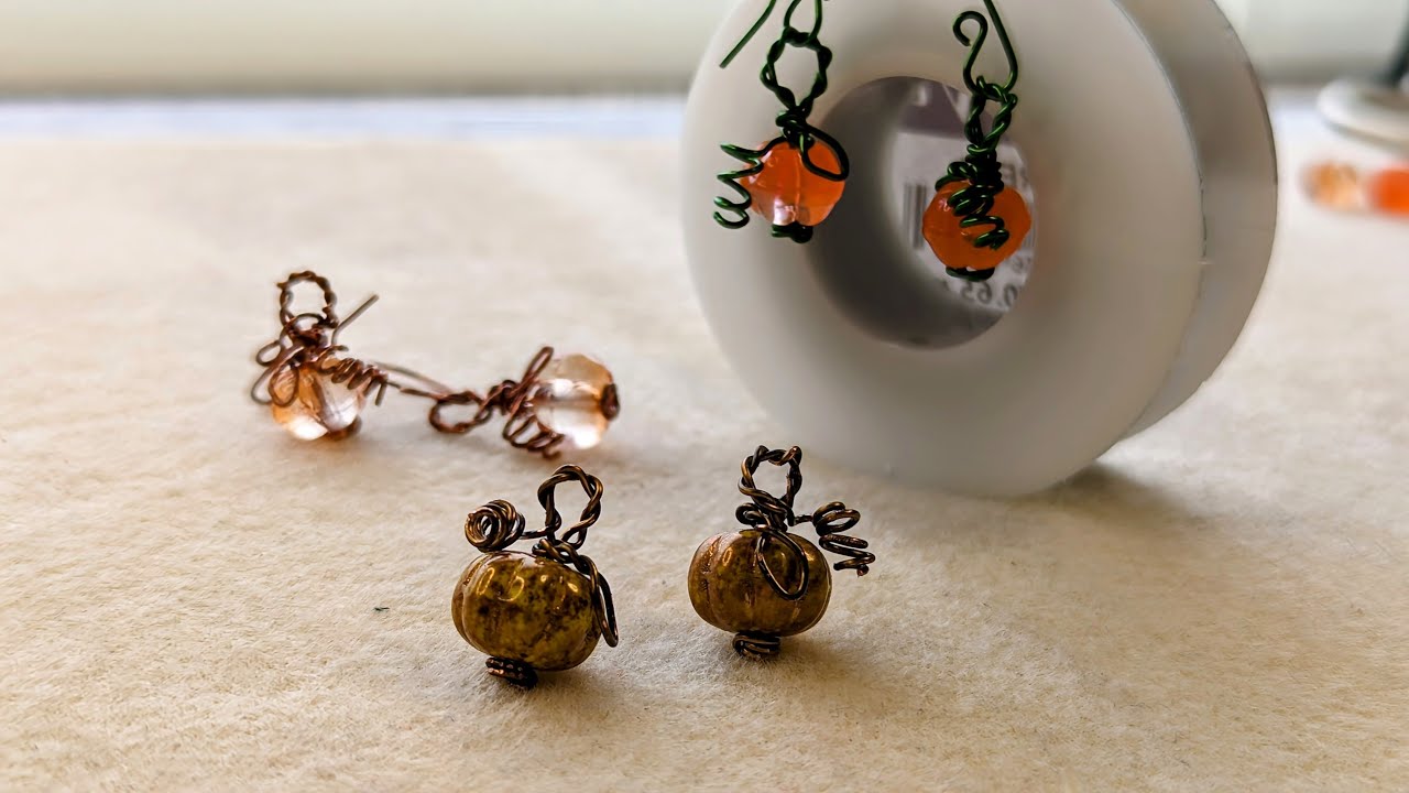 Czech glass pumpkin & craft wire earrings