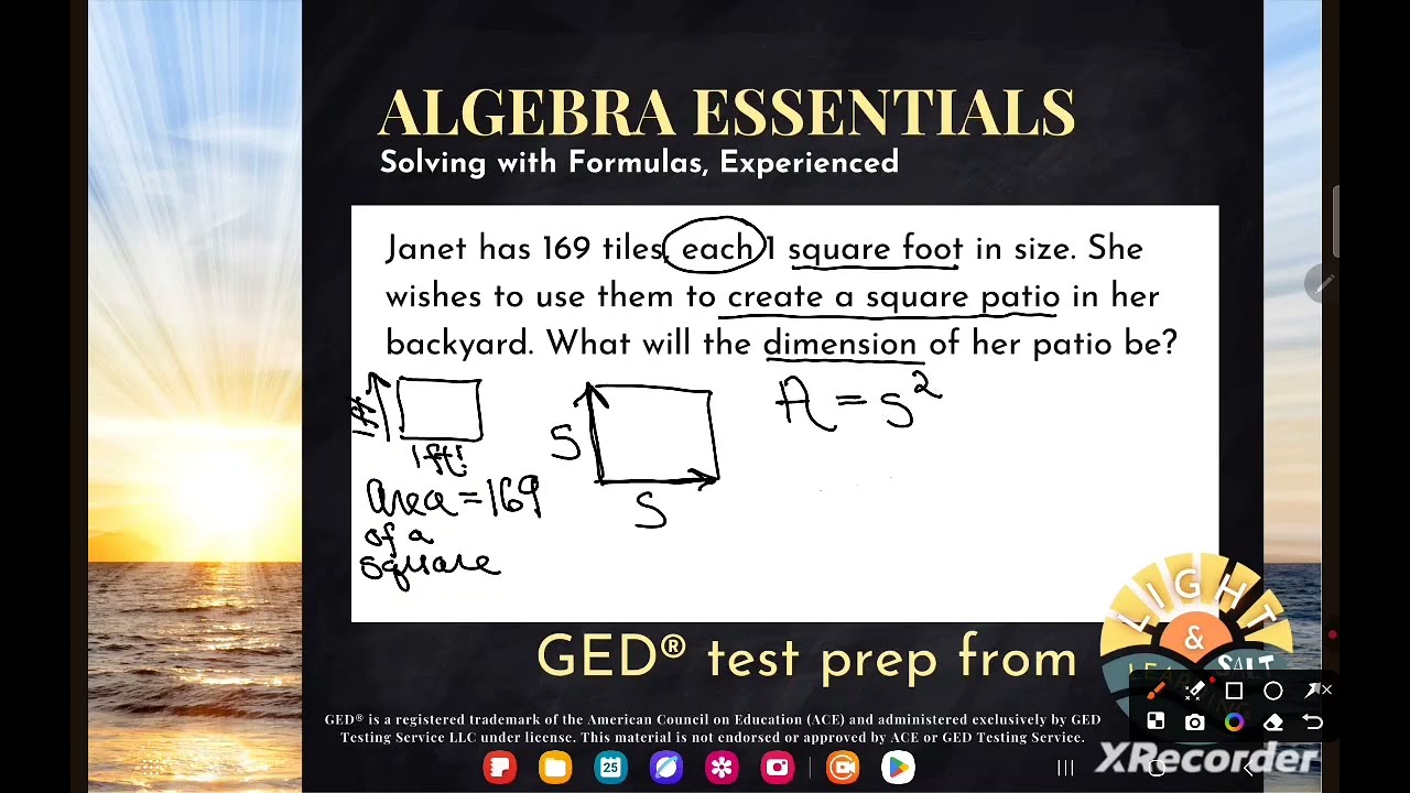 GED Math: Find Dimensions of Square Patio (1.5, Exp, # 2)