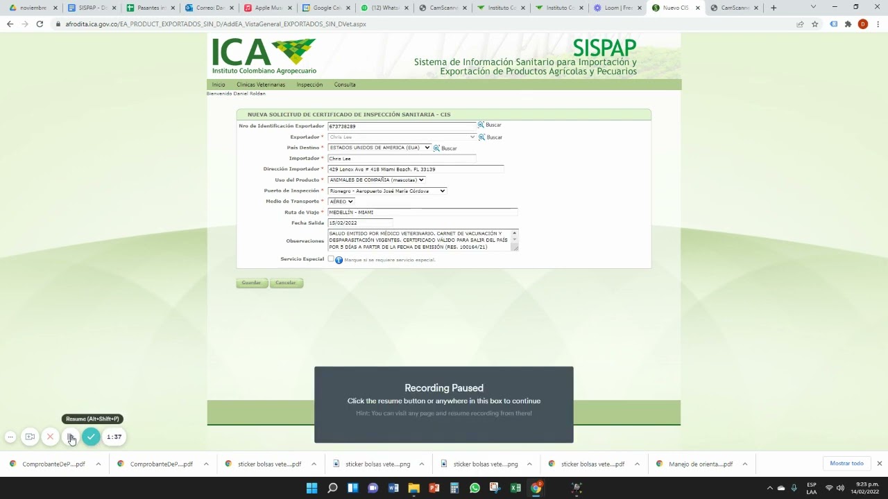 Inscribiendo mascotas para exportación en el SISPAP - ICA