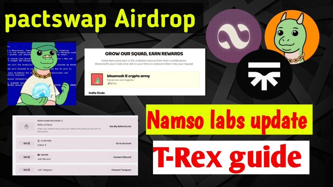Pact swap Airdrop guide | T-Rex Airdrop latest update | Rexy NFT mint process | Namso labs update 