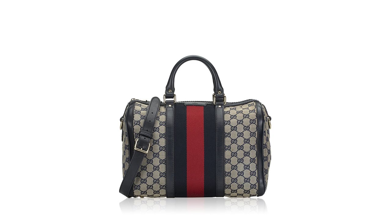 Gucci GG Canvas Vintage Web Boston Bag with Strap Navy