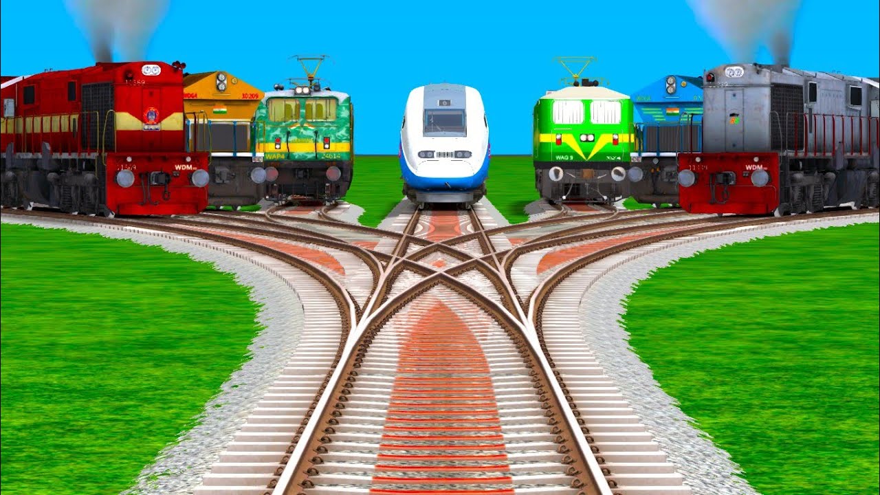 Double passing Trains Crossing On Curved Diamond 😁Railroad Tracks ll Diesels Locomotive Indian train