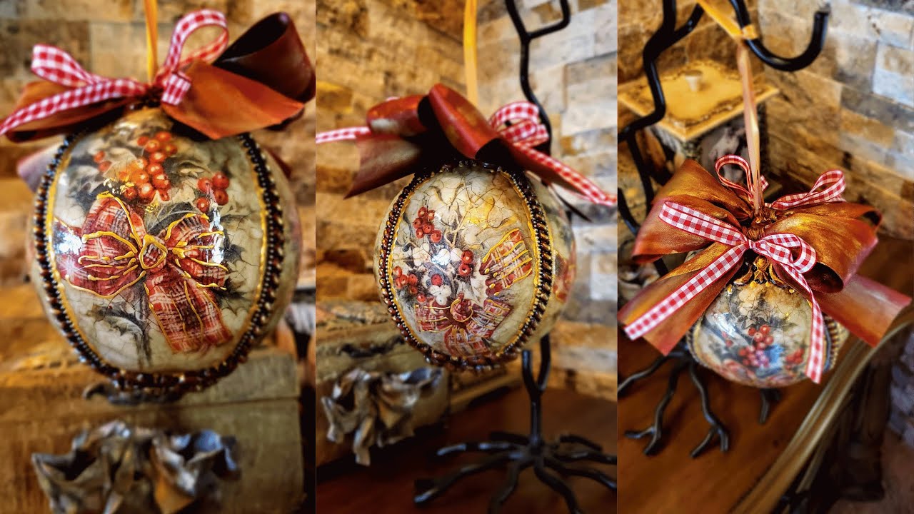 Vintage Christmas Ornament 12 cm, Decoupage with Ribbons