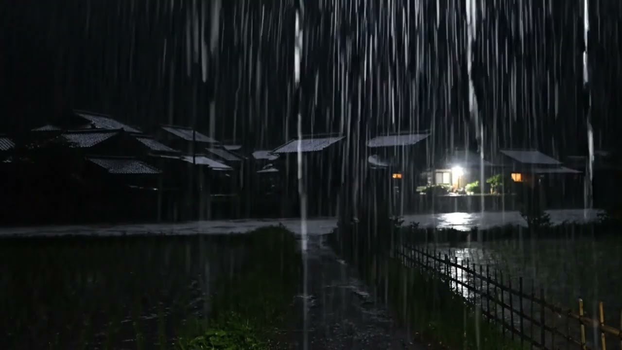 Pouring Rain on a Peaceful Countryside House – Cozy Village Night Ambience