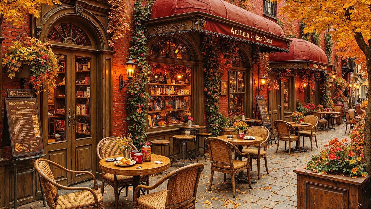 Cozy Outdoor Autumn Caf&eacute; Vibes ☕ Quiet Street Ambience & Relaxing Jazz Playlist for Study,Work,Focus