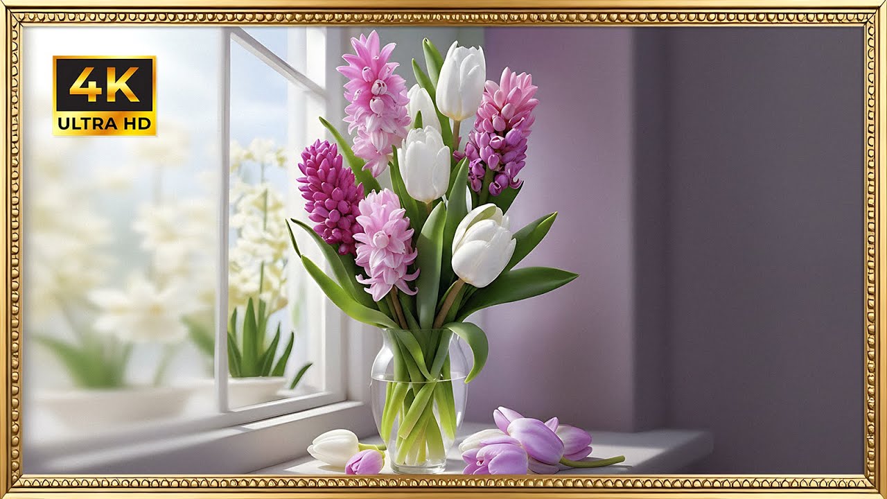 Delicate Hyacinth & Tulip Bouquet | Gold Framed 4K Art Screensaver | Spring Floral TV Wallpaper