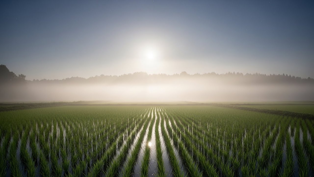 Midnight Chill Lofi Waves Rolling Gently Over Quiet Rice Fields Glowing Softly