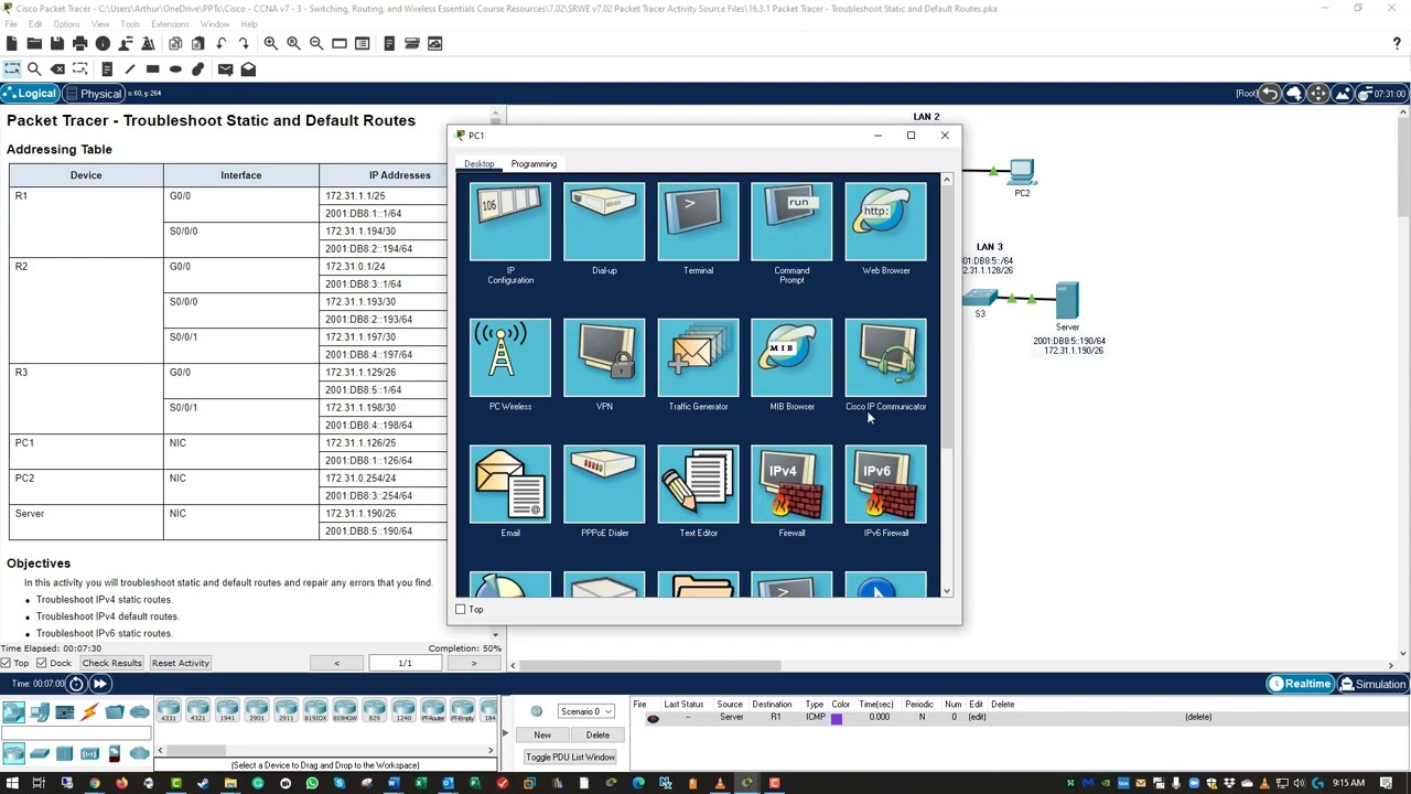 CCNA2-SRWEv7 — Лабораторная работа 16.3.1 Packet Tracer — Устранение неполадок статических и стан...