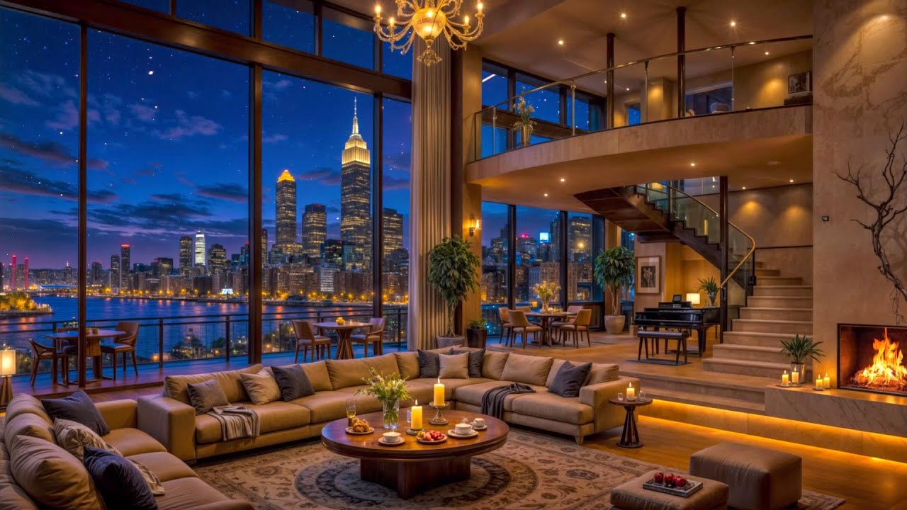 🍂 Autumn Evening Jazz Piano 🎹 Cozy Fireplace & Luxury NYC Lounge Ambience at Night ✨
