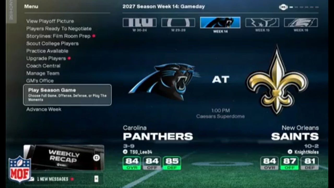 Madden: MOF: 2027 W14: Panthers (TSG_Lee34) @ Saints