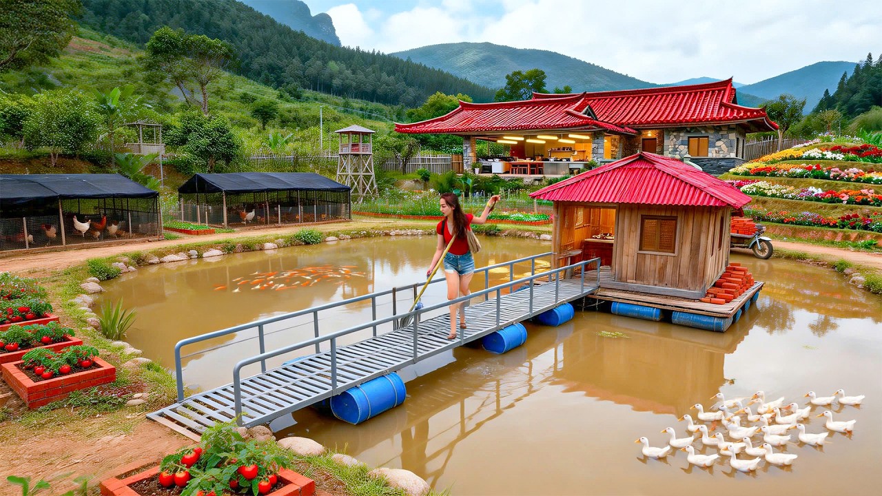 Building Brick Stairs Connecting a Floating Bridge to a Lake House | Nhi Build Life