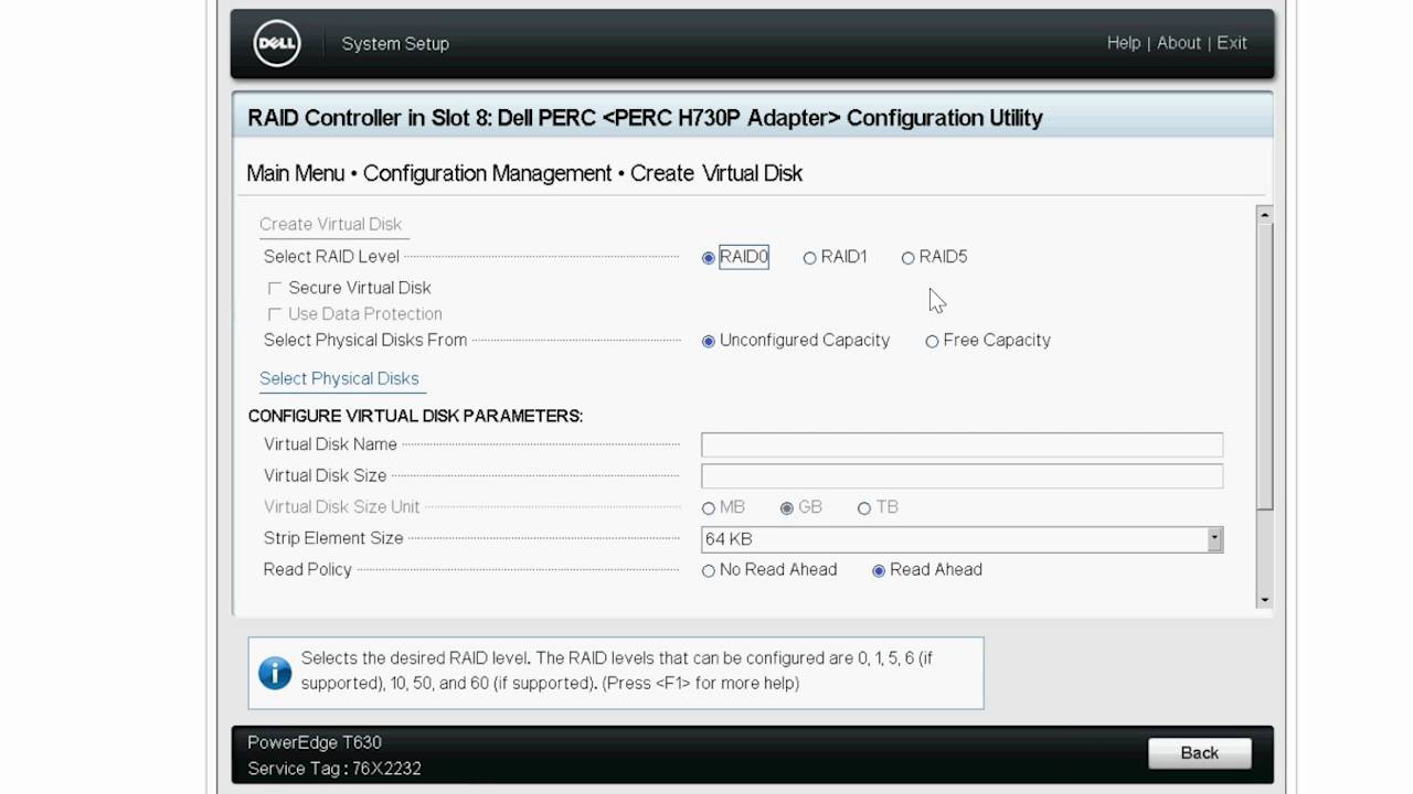Creating RAID levels by using different strip sizes and read or write policies on Dell PERC