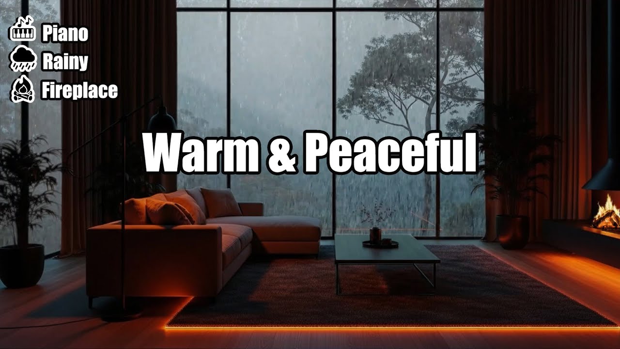 Cozy Rainy Evening with Relaxing Piano Music and Fireplace for Anxiety Reduction
