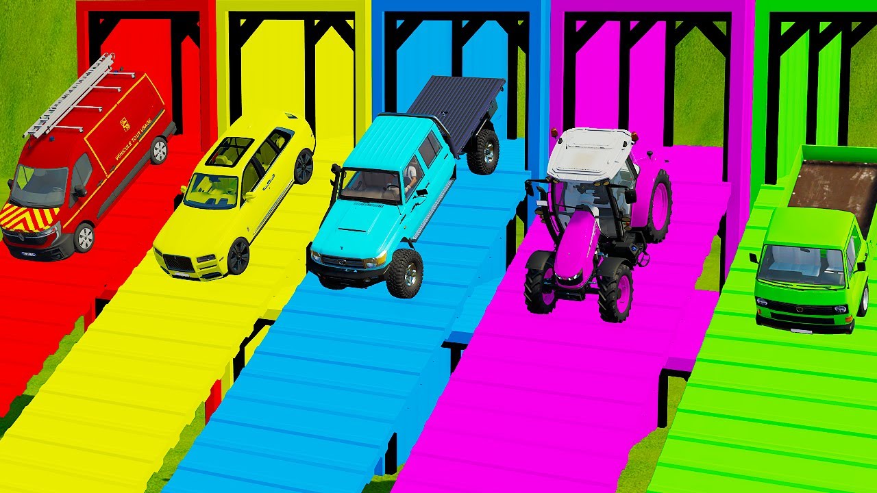 TRANSPORTING FIVE COLOR FEUERWEHR SMART EQ, SANATA88, AUDI A8, DUSTER, GMC DL - Farming Simulator 22