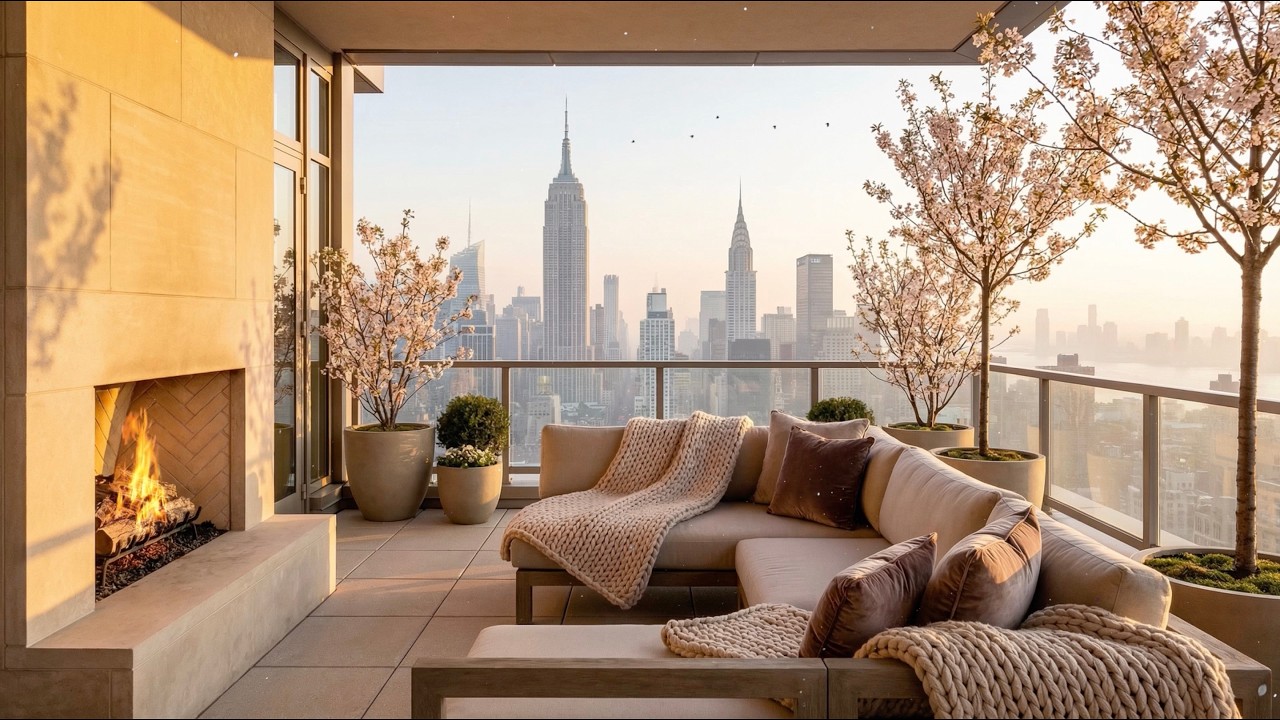 Spring New York City Cozy Balcony Ambience at Morning 😌🌅🌿 (City, Fireplace Sound)
