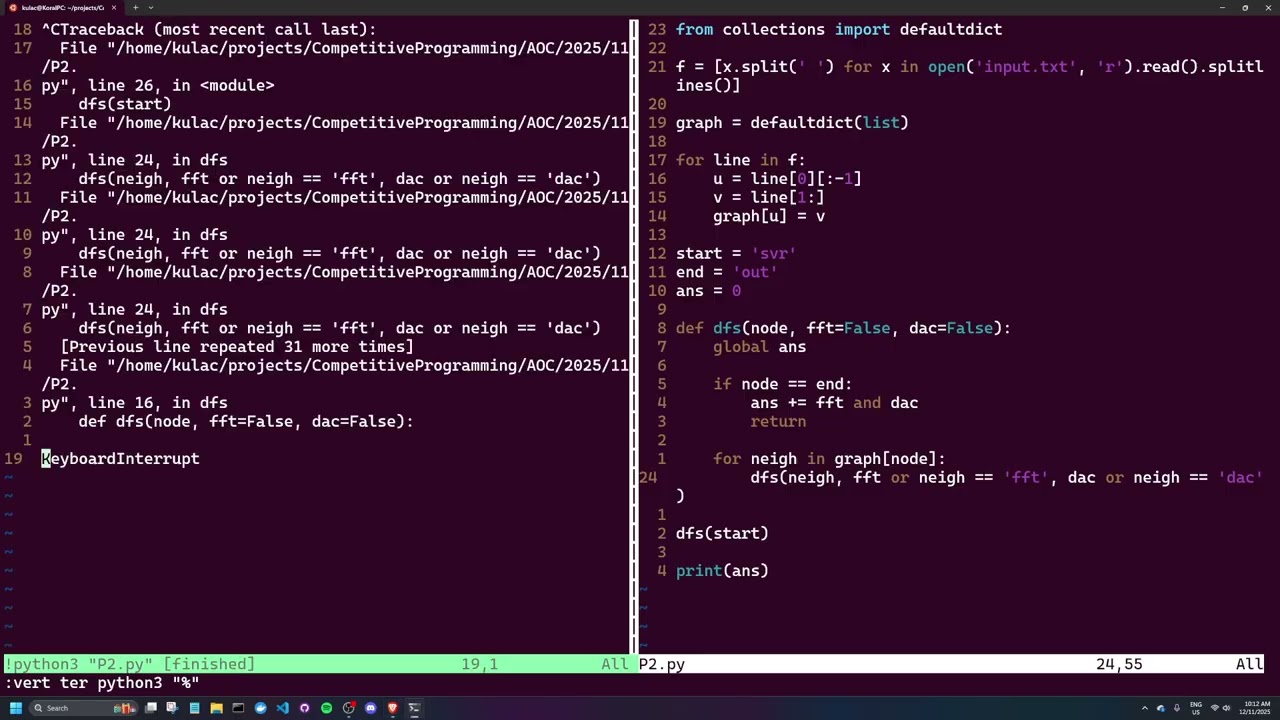 Advent of Code 2025 - Day 11 (DFS + DP)